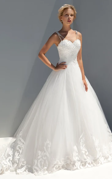 A-Line Sleeveless Floor-Length Appliqued Spaghetti Tulle Wedding Dress With Sequins And Ruching