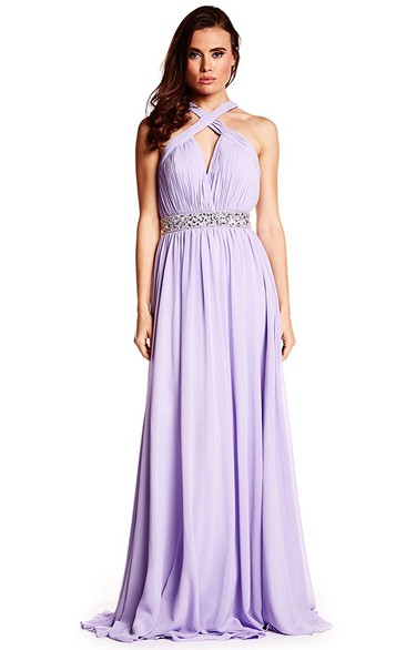 Ruched Halter Sleeveless Chiffon Prom Dress With Beading And Straps