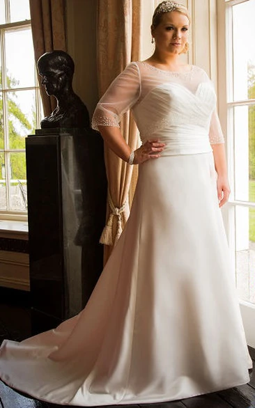 Jewel Neck A-Line Taffeta Bridal Gown With Tulle Half-Sleeve Top