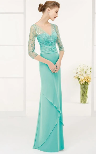 Sheath 3-4-Sleeve Floor-Length V-Neck Sequined Chiffon Prom Dress