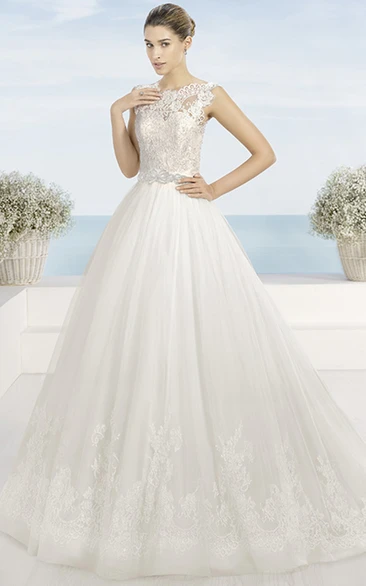 A-Line Ball-Gown Bateau Appliqued Floor-Length Sleeveless Lace Wedding Dress With Waist Jewellery And Low-V Back