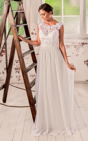 Sheath Appliqued Cap-Sleeve Bateau-Neck Floor-Length Chiffon&Lace Wedding Dress