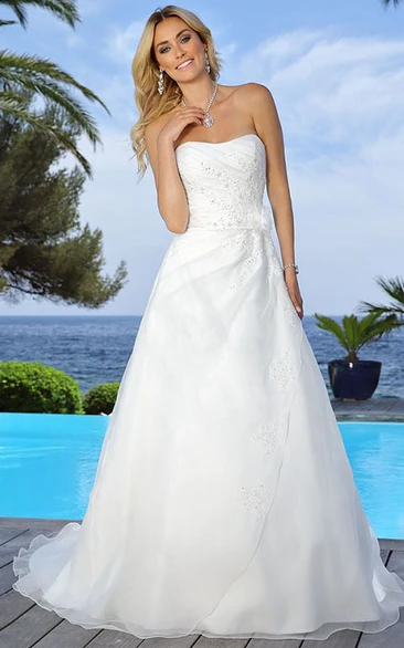 Strapless Floor-Length Appliqued Draped Satin Wedding Dress With Flower And Cape
