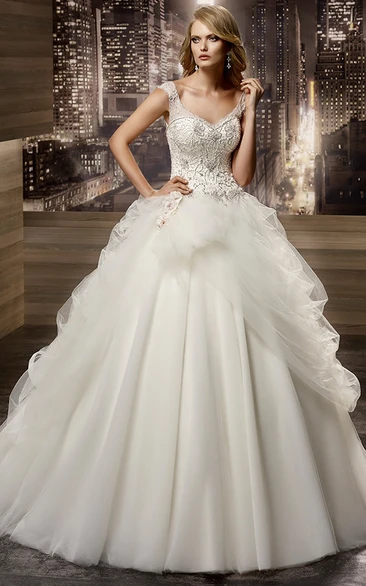 V-neck A-line Wedding Gown with Beaded Corset and Asymmetrical Ruffles Overlayer