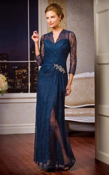 3-4 Sleeved V-Neck Lace Mother Of The Bride Dress With Crystals And Illusion Style
