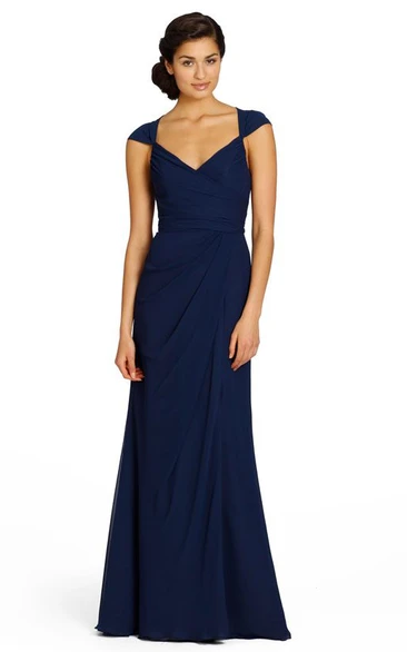 A-Line Long Cap-Sleeve Side-Draped Chiffon Bridesmaid Dress With Split Front And Keyhole Back