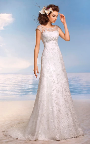 A-Line Floor-Length Scoop Cap-Sleeve Empire Illusion Lace Dress With Beading And Appliques