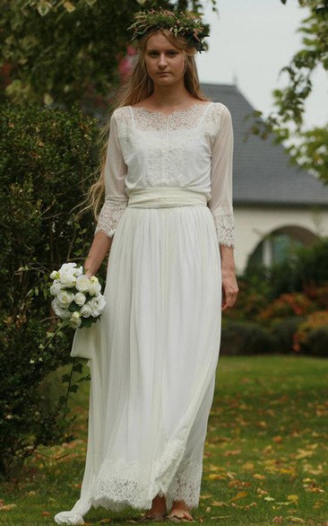 Bateau Long Sleeve Lace Chiffon Pleated Wedding Dress