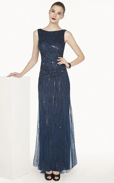 Bateau Tulle Long Prom Dress With Sequins And Cowl Open Back