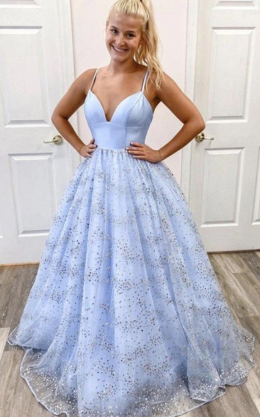 A Line Sleeveless Tulle Modern Formal Dress with Sequins and Ruffles