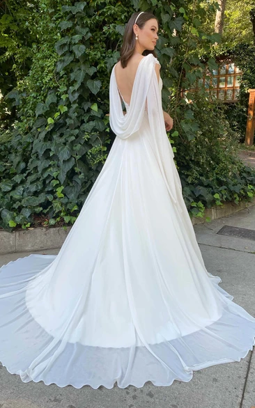 Greek Casual V-neck A Line Chiffon Court Train Wedding Dress with Ruching