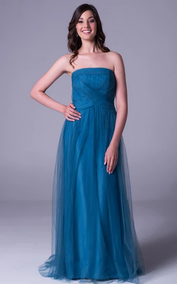Strapless Tulle Bridesmaid Dress With Ruching And Zipper