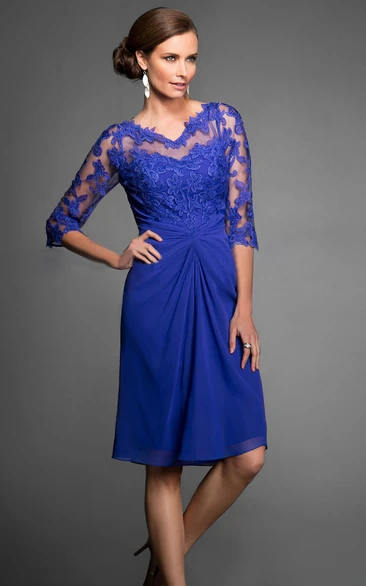3-4 Sleeved V-Neck Knee-Length Mother Of The Bride Dress With Appliques