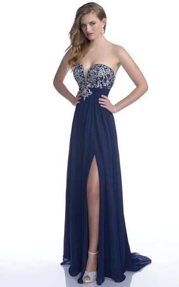 Sophisticated Sweetheart Side Slit A-Line Prom Dress With Rhinestone Bodice