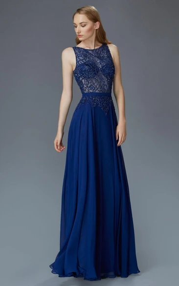 A-Line Long Scoop-Neck Sleeveless Chiffon Illusion Dress With Beading And Pleats