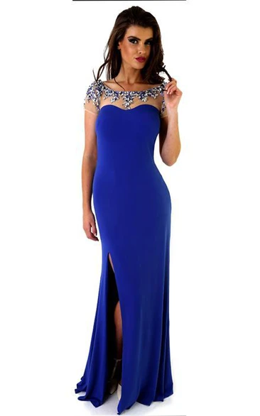 Sheath Long Cap-Sleeve Scoop Beaded Jersey Prom Dress With Straps And Split Front