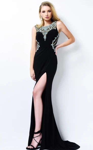 Sheath Long Scoop-Neck Sleeveless Jersey Illusion Dress With Beading And Split Front