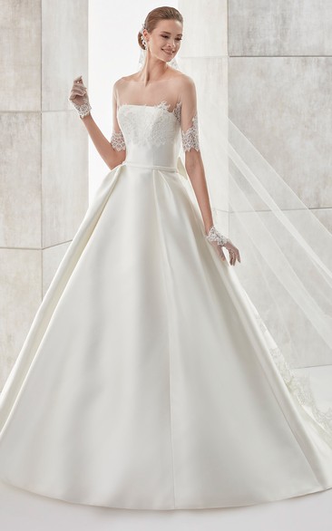 Strapless A-Line Satin Wedding Dress With Detachable Illusion Lace Coat And Back Bow
