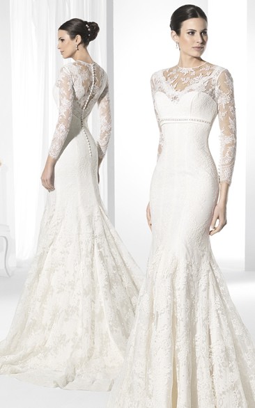 Trumpet Long-Sleeve Long High Neck Lace Wedding Dress With Appliques And Illusion
