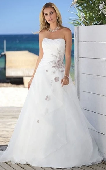 Strapless Floor-Length Ruched Chiffon Wedding Dress With Embroidery