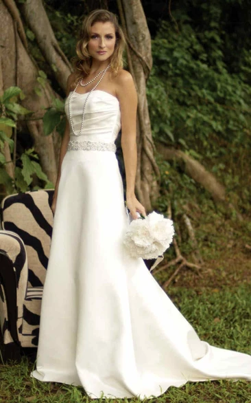 Sheath Long Strapless Satin Wedding Dress With Waist Jewellery And Zipper