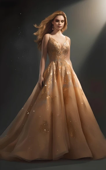 Gold Princess Ball Gown Sleeveless Tulle Sequins Evening Dress Modern V-neck Court Train Prom Dress
