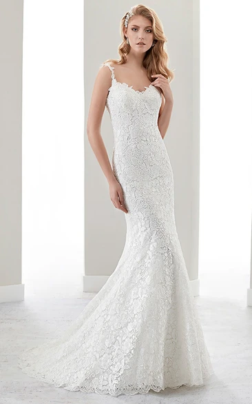 Sweetheart Brush-Train Sheath Lace Bridal Gown With Spaghetti-Straps And Open Back
