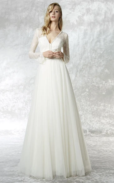 A-Line Illusion Sleeve Lace V-Neck Tulle Wedding Dress With Brush Train