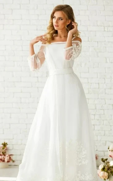 Simple Off-the-shoulder A Line Tulle 3/4 Length Sleeve Floor-length Wedding Dress with Ruching