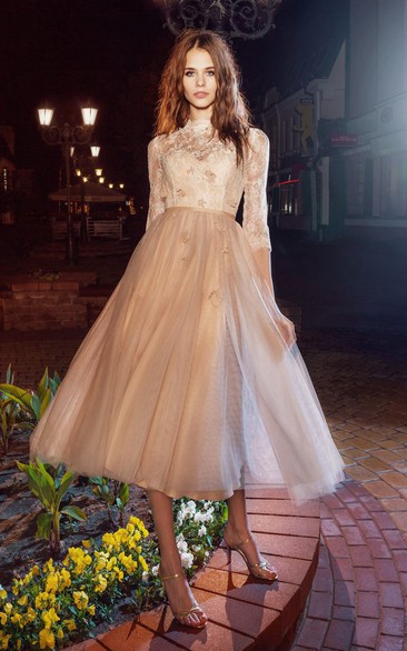 A-Line Tea-Length High Neck Half Sleeve Tulle Illusion Dress With Appliques And Flower