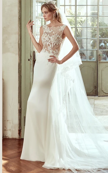 Cap-Sleeve Sheath Wedding Dress With Illusive Lace Bodice and Open Back 