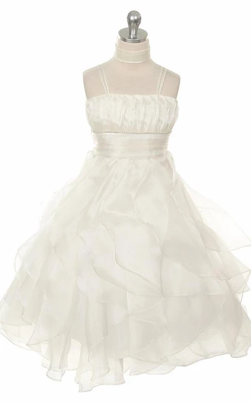 Cape Ankle-Length Pleated Tiered Empire Organza Flower Girl Dress With Sash