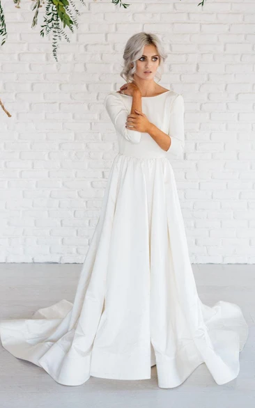 Modern Simple Long Sleeve A-Line Minimalist Wedding Dress With Open Back