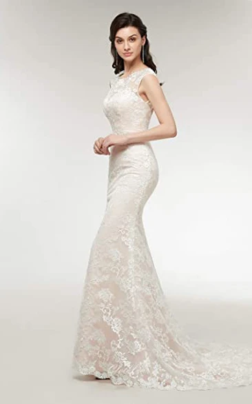Elegant Lace Wedding Dress with Jewel Neckline Garden Bride Adorable Sleevesless Appliques