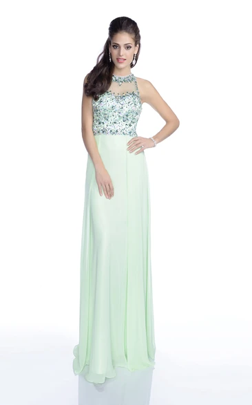 A-Line Chiffon Sleeveless Prom Dress Featuring Crystal Bodice And Keyhole Back