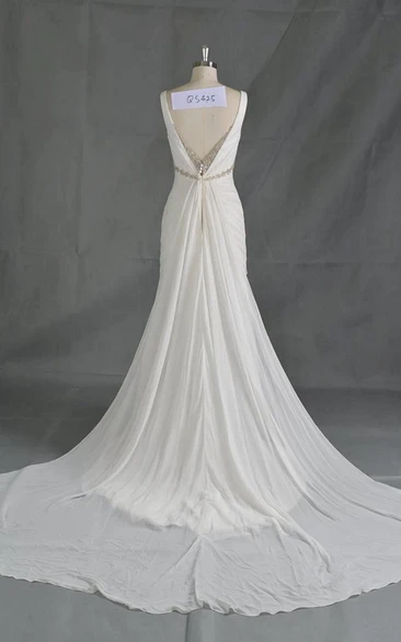 V-Neck Sleeveless A-Line Chiffon Wedding Dress With Beading