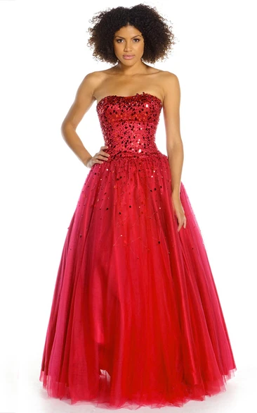 A-Line Floor-Length Sequined Sleeveless Strapless Tulle Prom Dress With Lace-Up Back And Bow