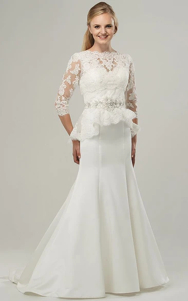 Trumpet Floor-Length High Neck 3-4-Sleeve Jeweled Satin Wedding Dress With Appliques And Peplum
