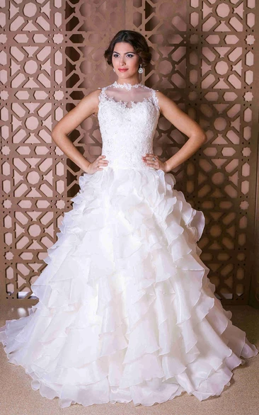 A-Line Sleeveless Tiered Maxi High-Neck Organza Wedding Dress With Appliques And Ruffles