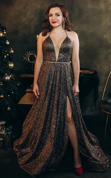 Sleeveless A-Line Sequin Evening Dress with Sexy Plunging Neckline