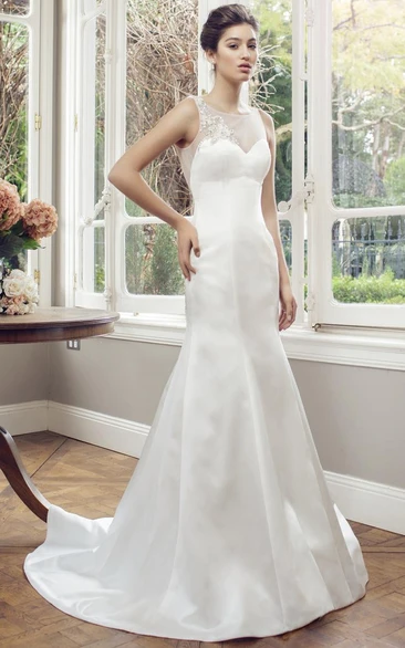 Sheath Appliqued Sleeveless Scoop Floor-Length Satin Wedding Dress With Bow And Beading