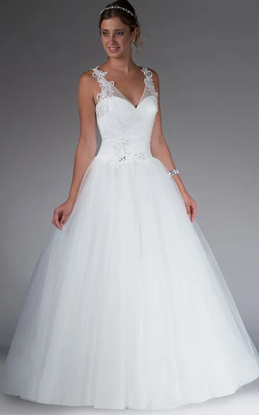 V Neck Tulle Bridal Ball Gown With Applique And Beading Straps