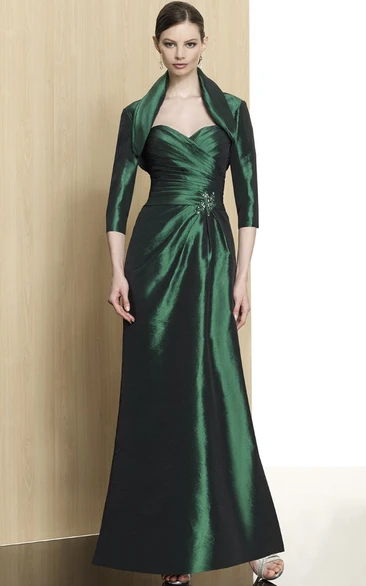 Sheath 3-4-Sleeve Sweetheart Ankle-Length Criss-Cross Satin Formal Dress With Broach And Cape
