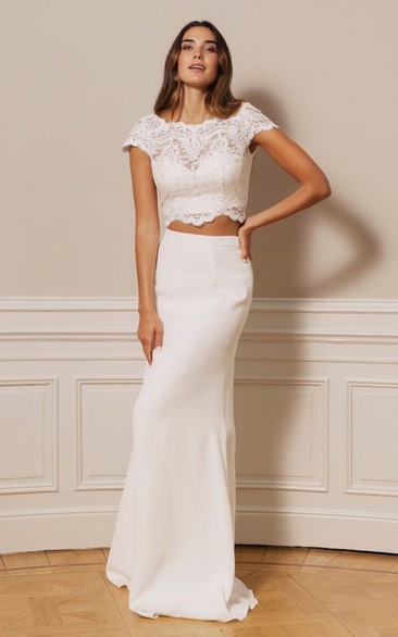 Casual Short Sleeve Button Chiffon Lace Scalloped Two Piece Floor-length Wedding Dress