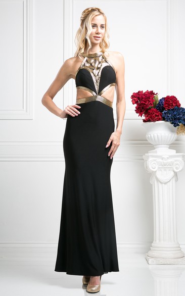 Sheath Ankle-Length Jewel-Neck Sleeveless Jersey Illusion Dress With Sequins