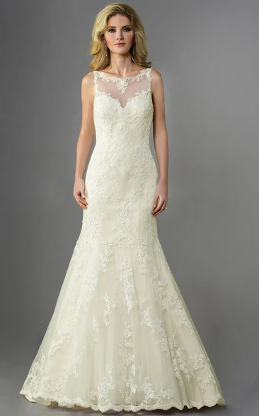 Bateau-Neck Trumpet Wedding Dress With Appliques And Illusion Back