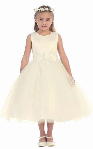Tea-Length Floral Tiered Tulle&Satin Flower Girl Dress With Embroidery