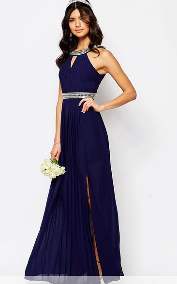 Navy High Neck Chiffon Maxi Dress