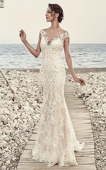 Sheath Cap-Sleeve V-Neck Floor-Length Lace Wedding Dress With Appliques And  Illusion