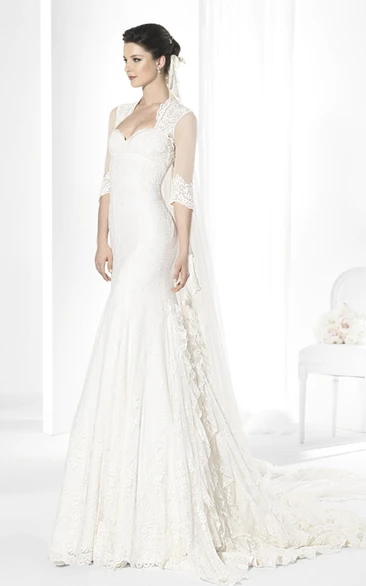 Sheath Half-Sleeve Sweetheart Ruffled Lace Wedding Dress With Illusion